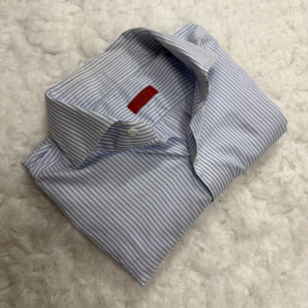 Isaia Shirt Mens 16 41 Blue White Stripe Made In Italy Cotton Long Sleeve Dress
